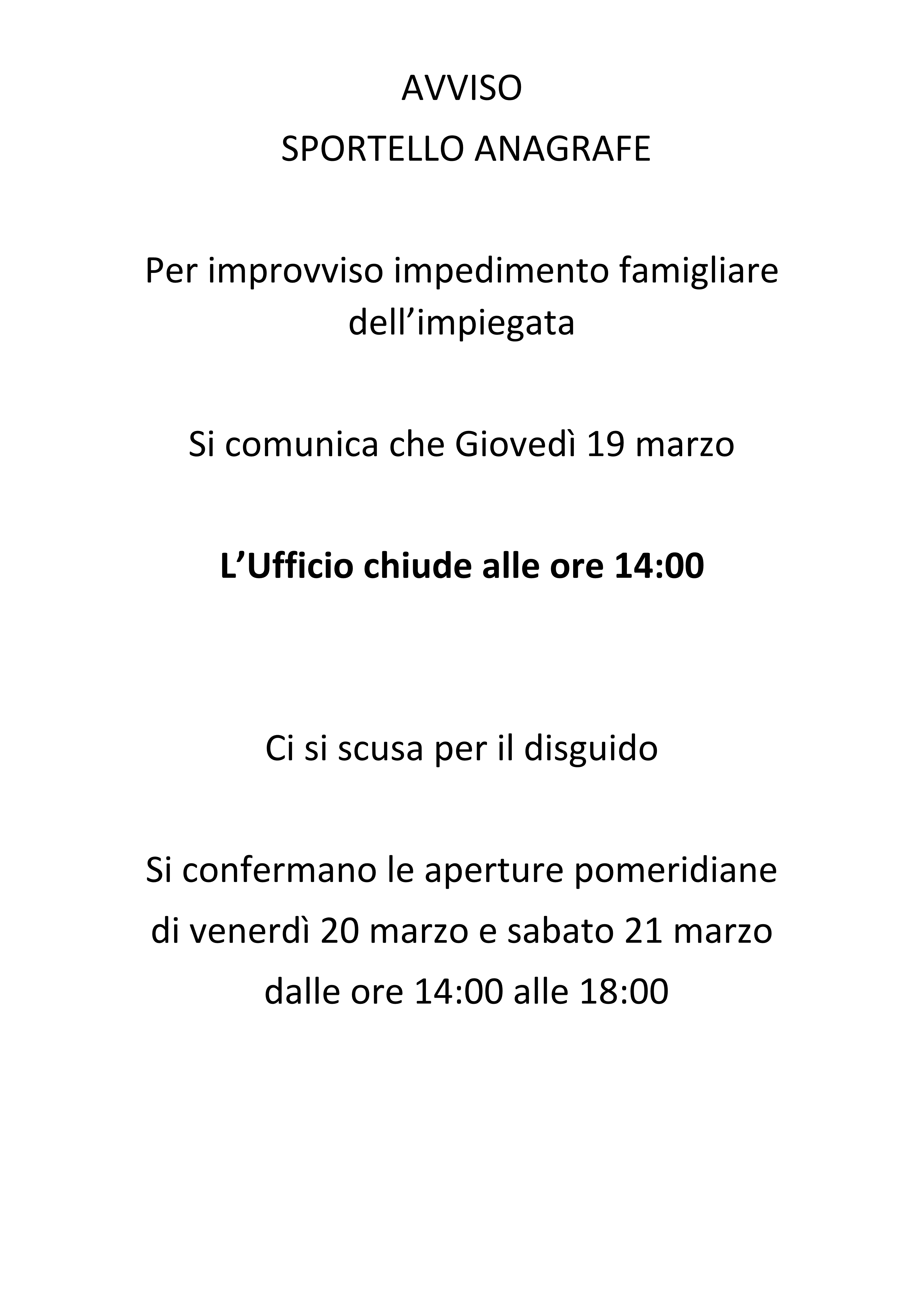 Chiusura ufficio giovedì 19 marzo al pomeriggio