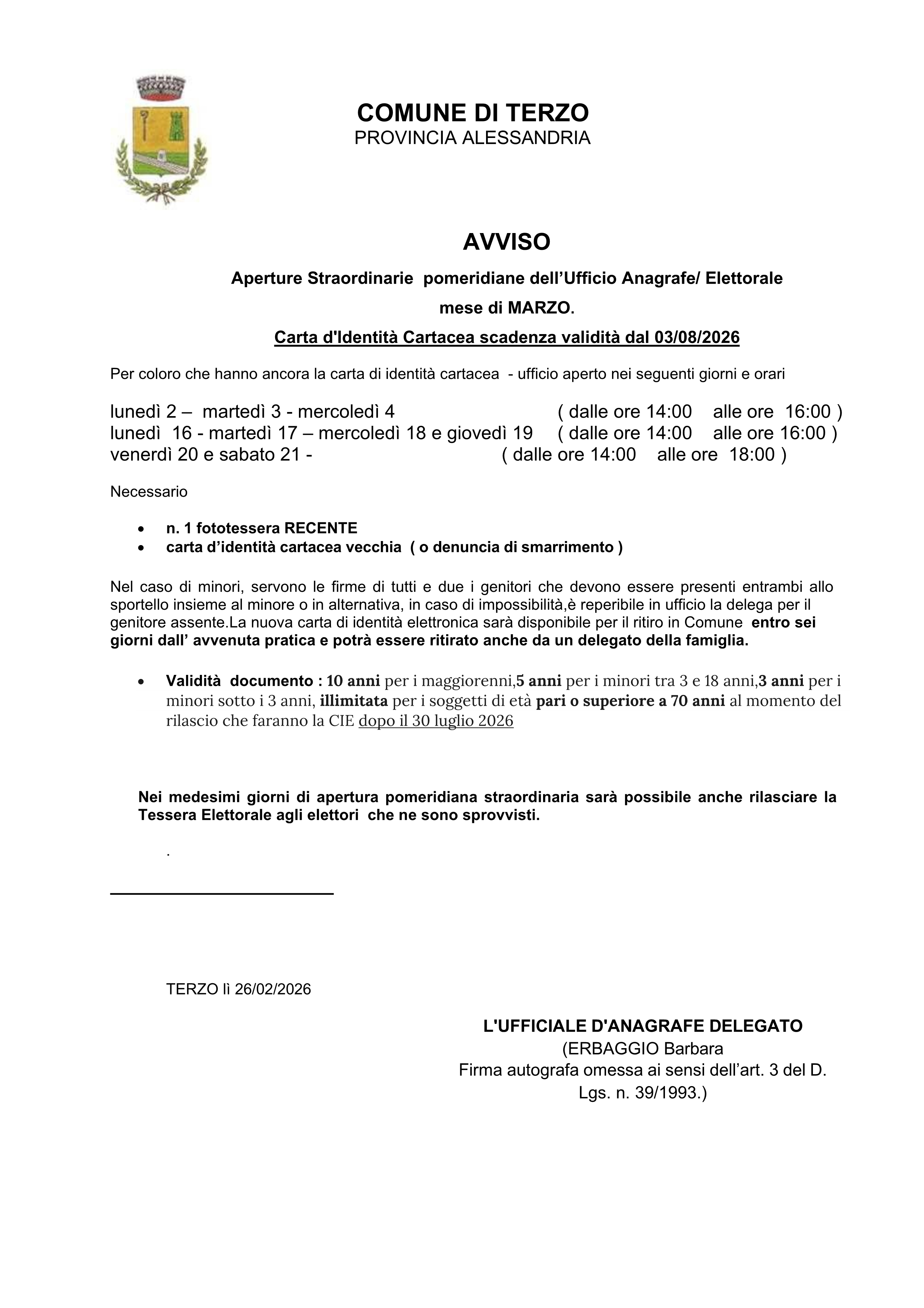 Aperture Straordinarie pomeridiane dellUfficio Anagrafe mese di MARZO.