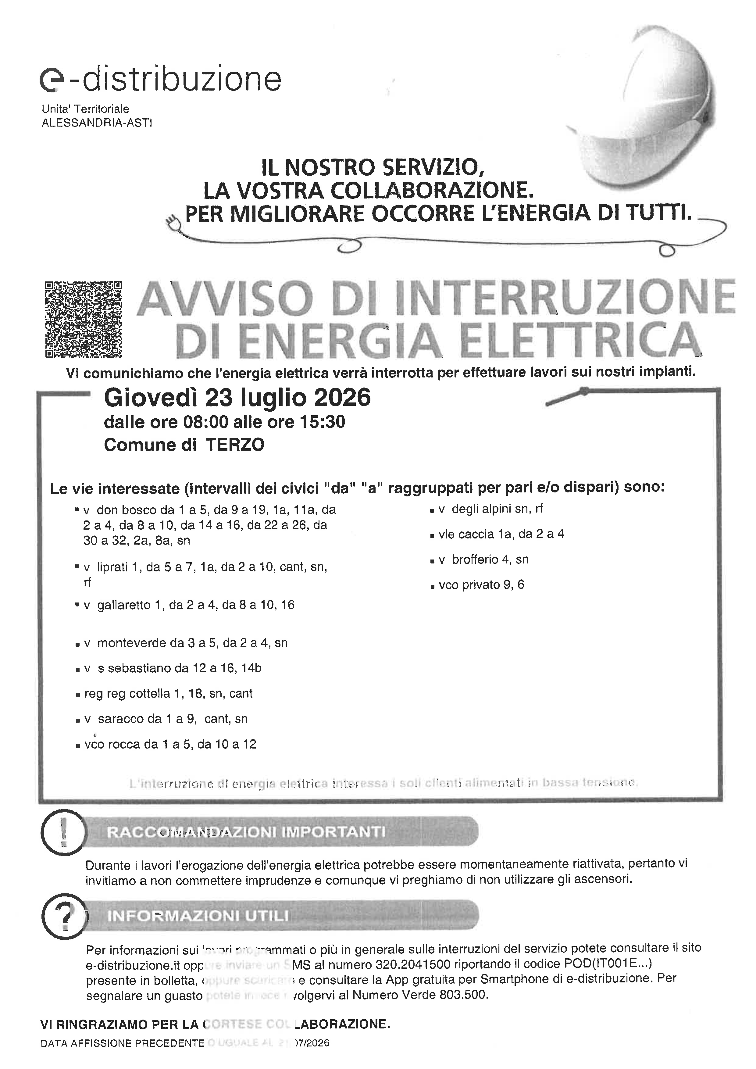 Avviso di interruzione energia elettrica - 23 luglio